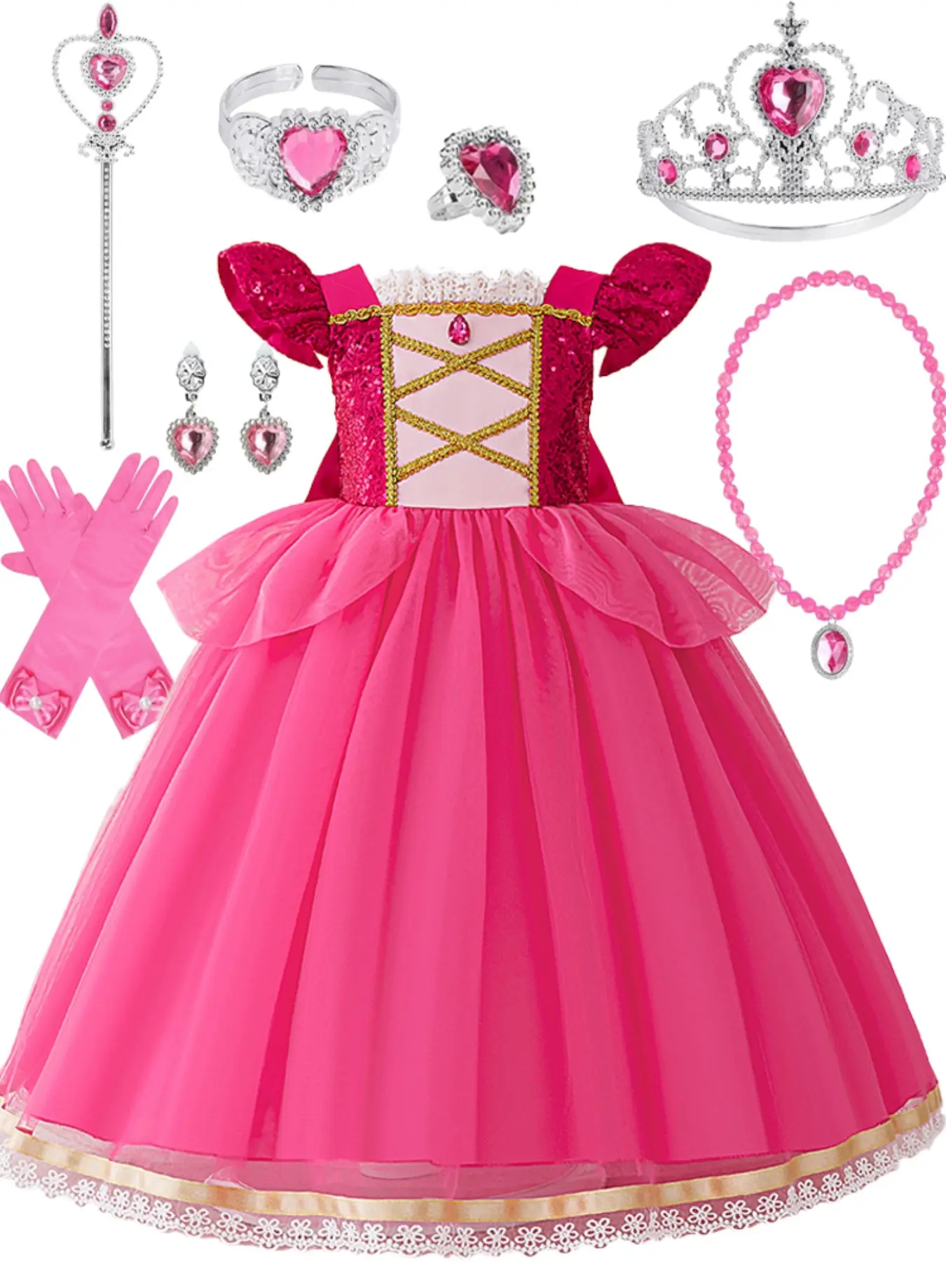 (Dress + all accessories) Sleeping Beauty dress long hair princess dress children's Rapunzel birthday dress Sofia girl dress