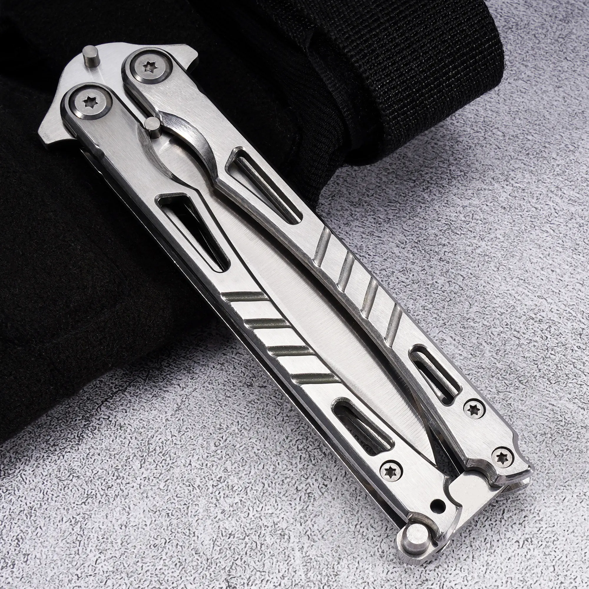 Stainless Steel Balisong Trainer, Hollow Cut Handle Practice Tool for Flipping Tricks, EDC Hobby Collection Ornament