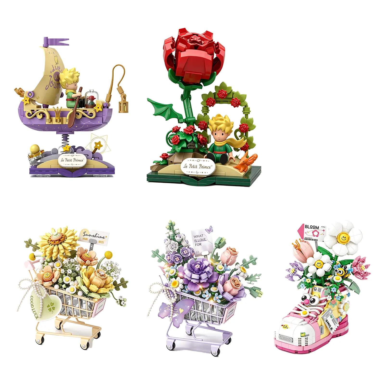 5Sets Kawaii Mini Flower Building Blocks & Little Prince Scene Bricks, DIY Artificial Floral Model Kit, Desktop Decor Block Toy Gift for Women Teens Kids Birthday Mother’s Day