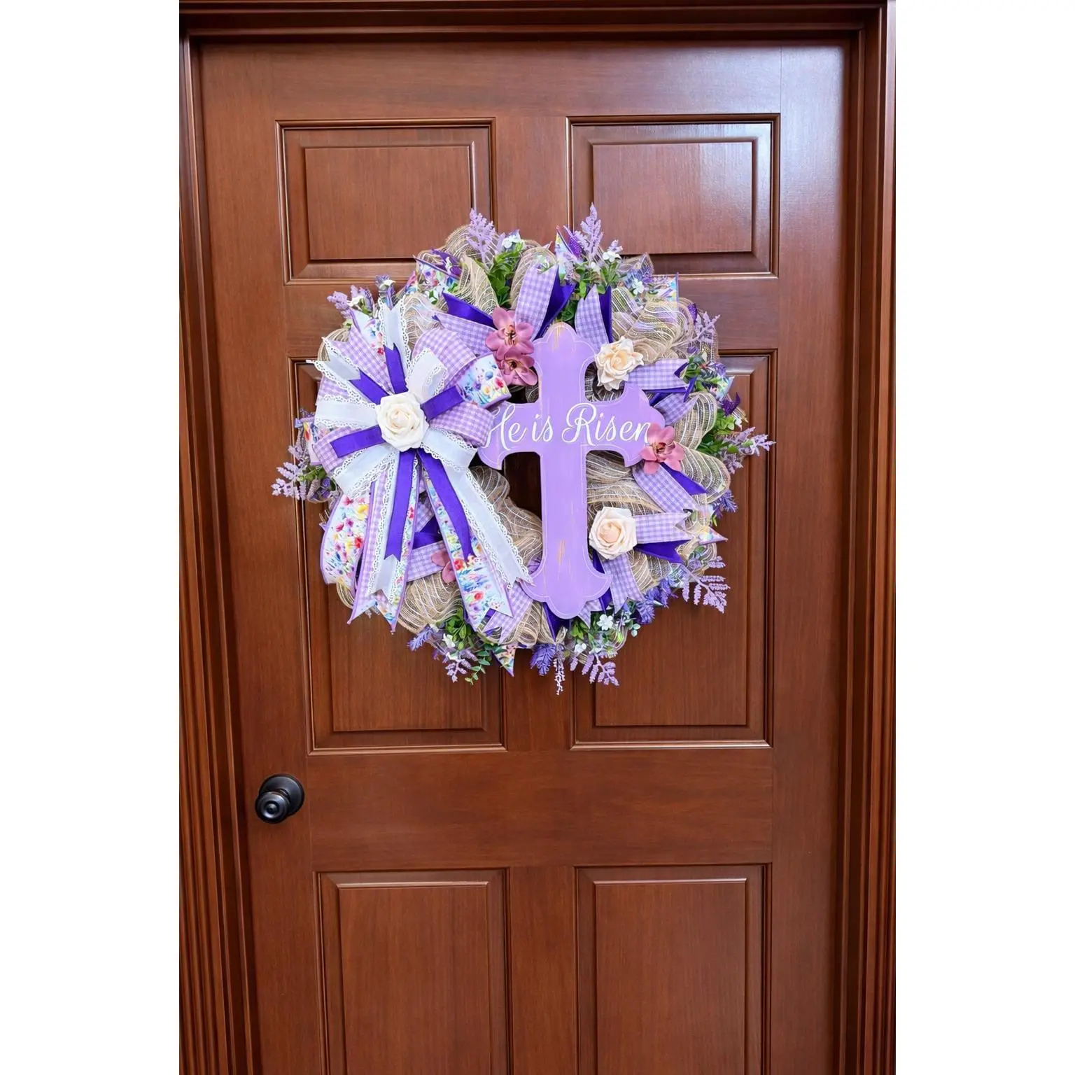 He Is Risen Cross Wreath, Purple Christian Easter Door Decor