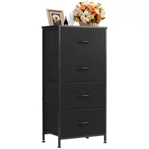 4 Drawer Dresser, Wide Chest Drawers Nightstand Storage Tower Storage Fabric Dresser With Wood Top for Living Room, Bedroom, Closet, Black