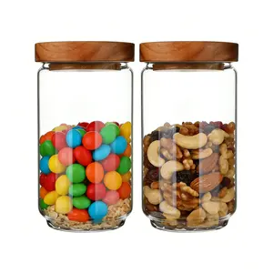 2-Pack 25 fl oz/750ml Clear Glass Food Storage Jars with Airtight Wood Lids & Seal, Food Safe Glass Containers with Wide Mouth for Pantry Organization, Gummies, Flour, Pasta, Coffee, Cereal & Snacks, Leakproof Salad Meal Prep Jars