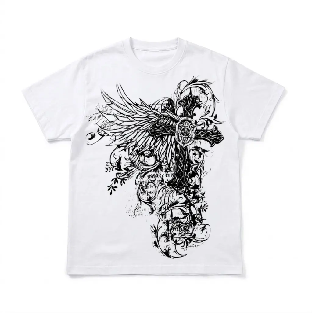 Gothic Winged Cross T-Shirt, Cyber Sigilism Ornate Graphic Shirt, Dark Aesthetic Grunge Y2K White Tee, Crew Neck, Short Sleeve, Cotton, Gift for Him Her, Men Women Top