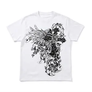 Gothic Winged Cross T-Shirt, Cyber Sigilism Ornate Graphic Shirt, Dark Aesthetic Grunge Y2K White Tee, Crew Neck, Short Sleeve, Cotton, Gift for Him Her, Men Women Top
