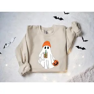 Cute Ghost Shirt for Halloween, Bougie Ghost Coffee Crewneck, Retro Spooky Season Sweatshirt, Halloween Gifts Apparel made & printed Made in the USA Clothing	