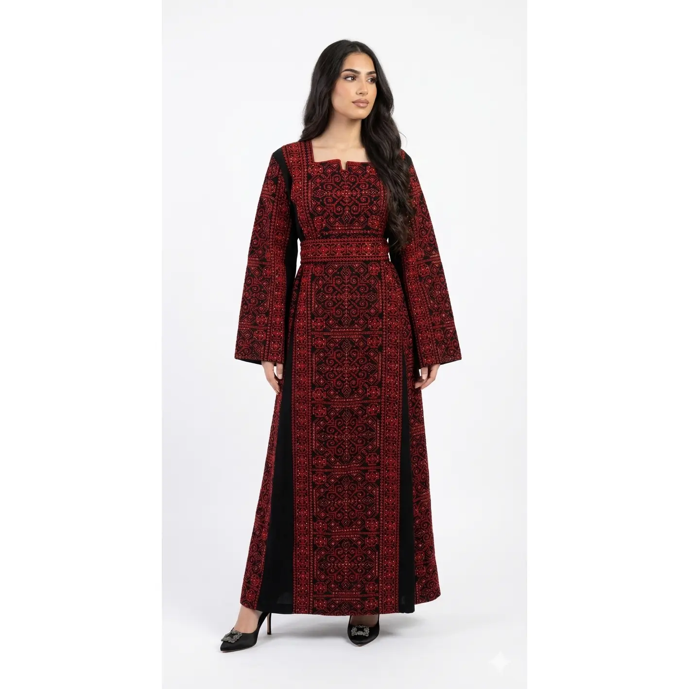 Embroidered Thobe Dress – Full Front & Back Detail with Sparkle (Red & Beige)