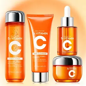 4PCS Vitamin C Infused Daily Skin Care Kit for Adults - Cleanser, Toner, Serum, Moisturizing Face Cream, Gentle Hydrating Formula for All Skin Types, Multi-Pack Skincare Set