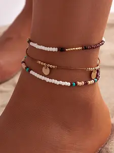 3-Piece Bohemian-Style Seed Bead Anklet Set for Women — Vintage-Inspired Beaded Anklets with Round Sequins, Adjustable Fit Gold-Plated Bohemian Foot Jewelry, Hawaiian Beach-Style Accessories, and Stylish Summer Gifts, Hawaiian Theme, Beaded Design