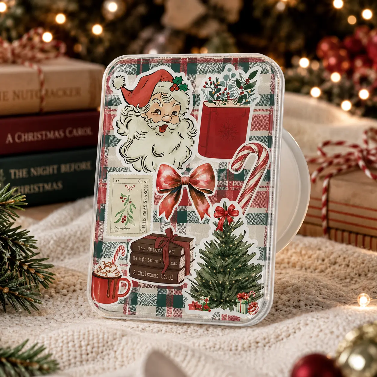 Vintage Christmas Phone Grip Cute Santa Cozy Holder Christmas Reader Hot Cocoa Candy Cane Holiday Book Lover Stand Universal Fit Gift