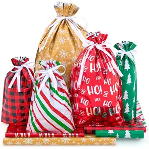 36 PCS Christmas Drawstrings Gift Bags Assorted Sizes(Large Medium Small), Xmas Reusable Plastic Bag for Presents Wrapping, Holiday Party Favors