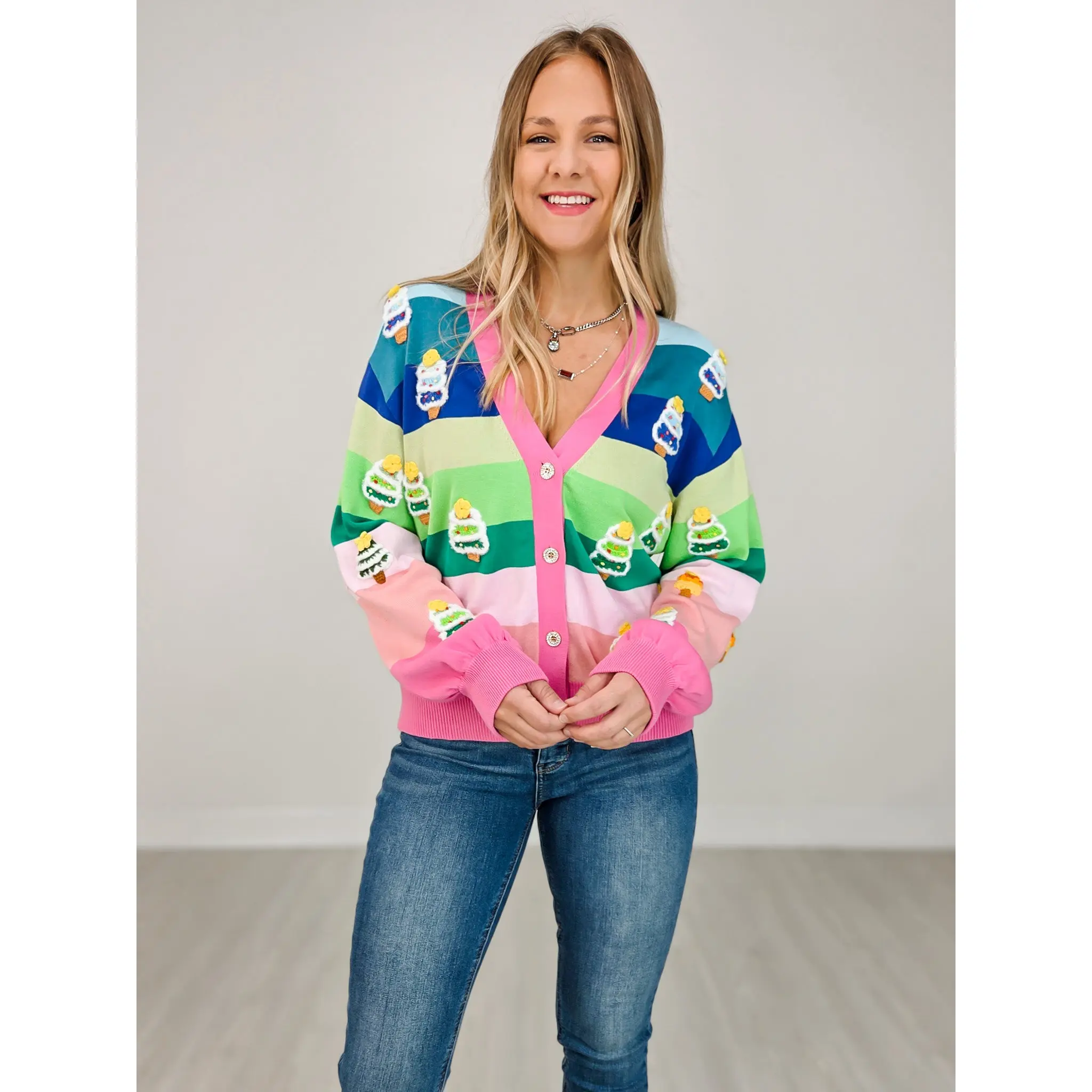 Queen of Sparkles Rainbow Stripe Knit Christmas Tree Cardigan