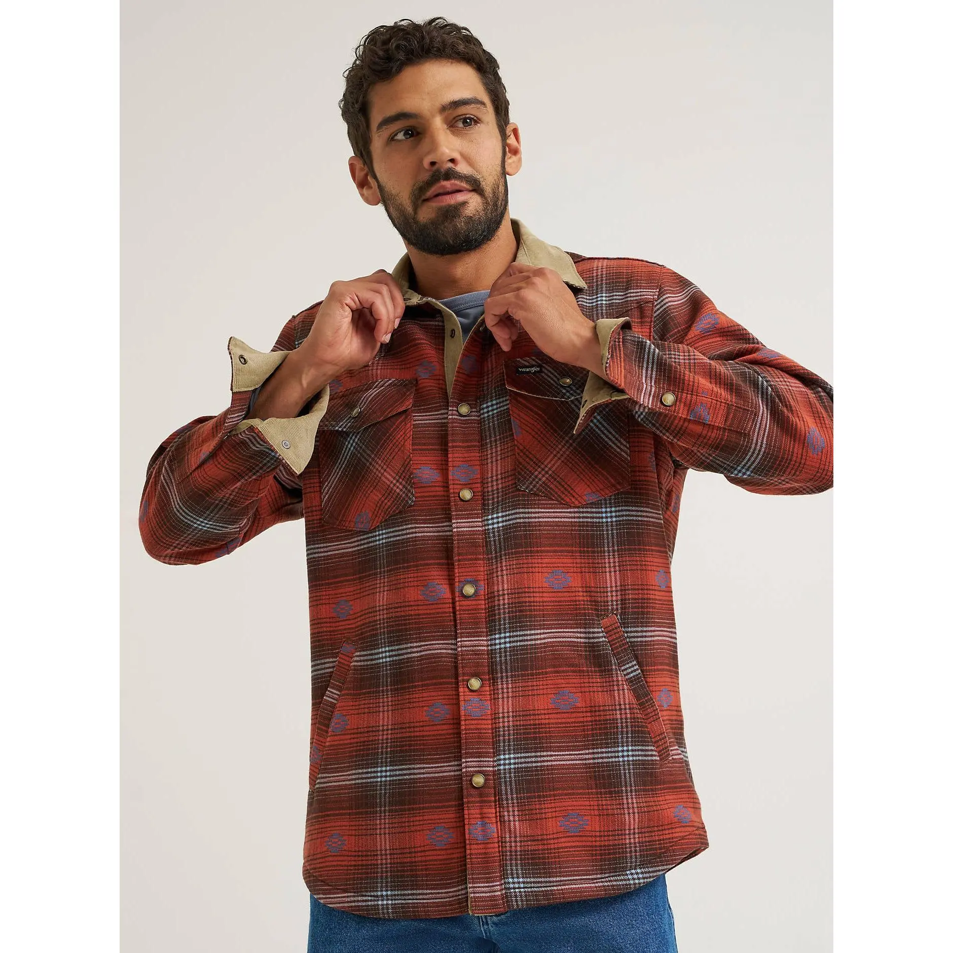 Menswear Wrangler Aztec Shirt Jacket - Polyester, Fleece, Corduroy, Flannel Lumberjack Style Top for Men, Pockets, Full Sleeves, Elastane, Snug Snap-Up, 2 Side Hand Pockets, Casual