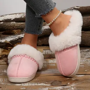 Women's Winter Warm Mini Snow Boots Fashionable Suede Fleece Slippers with White Fur Trim Indoor Outdoor Shoes