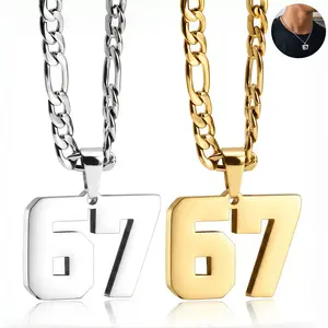 Harkapy Men's 67 Number Pendant Necklace Stainless Steel Figaro Chain 24 Inch Sports Jersey Number Jewelry Silver Gold Tone Hip Hop Streetwear Accessory For Daily Wear