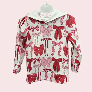 Valentines Gift Girl's Pink Bow Prints Hooded Long-Sleeved Top Cute Kids Clothing