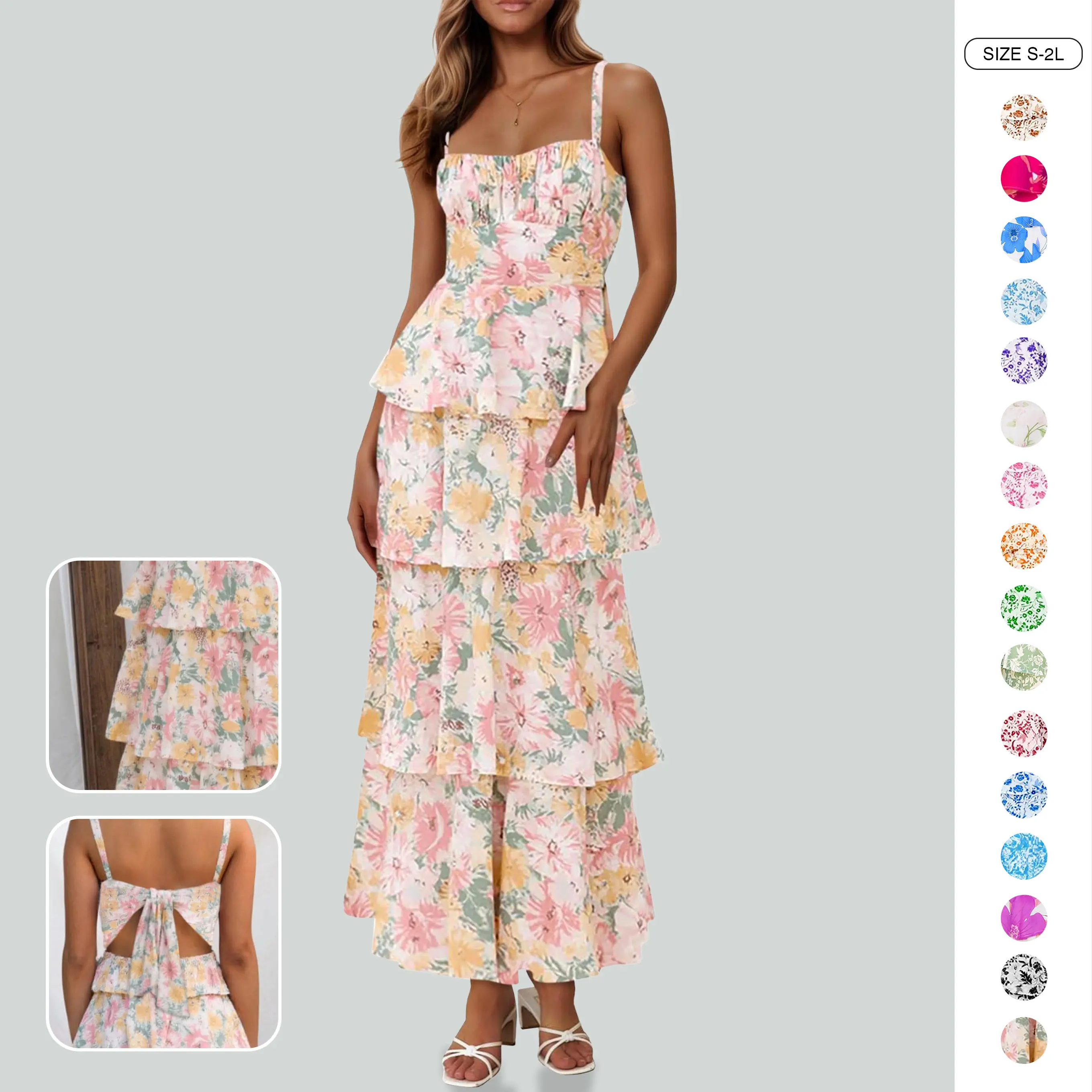 Wenrine Women's Summer Floral Maxi Dresses Sleeveless Spaghetti Strap Tie Back Ruffle Tiered Flowy Dresses