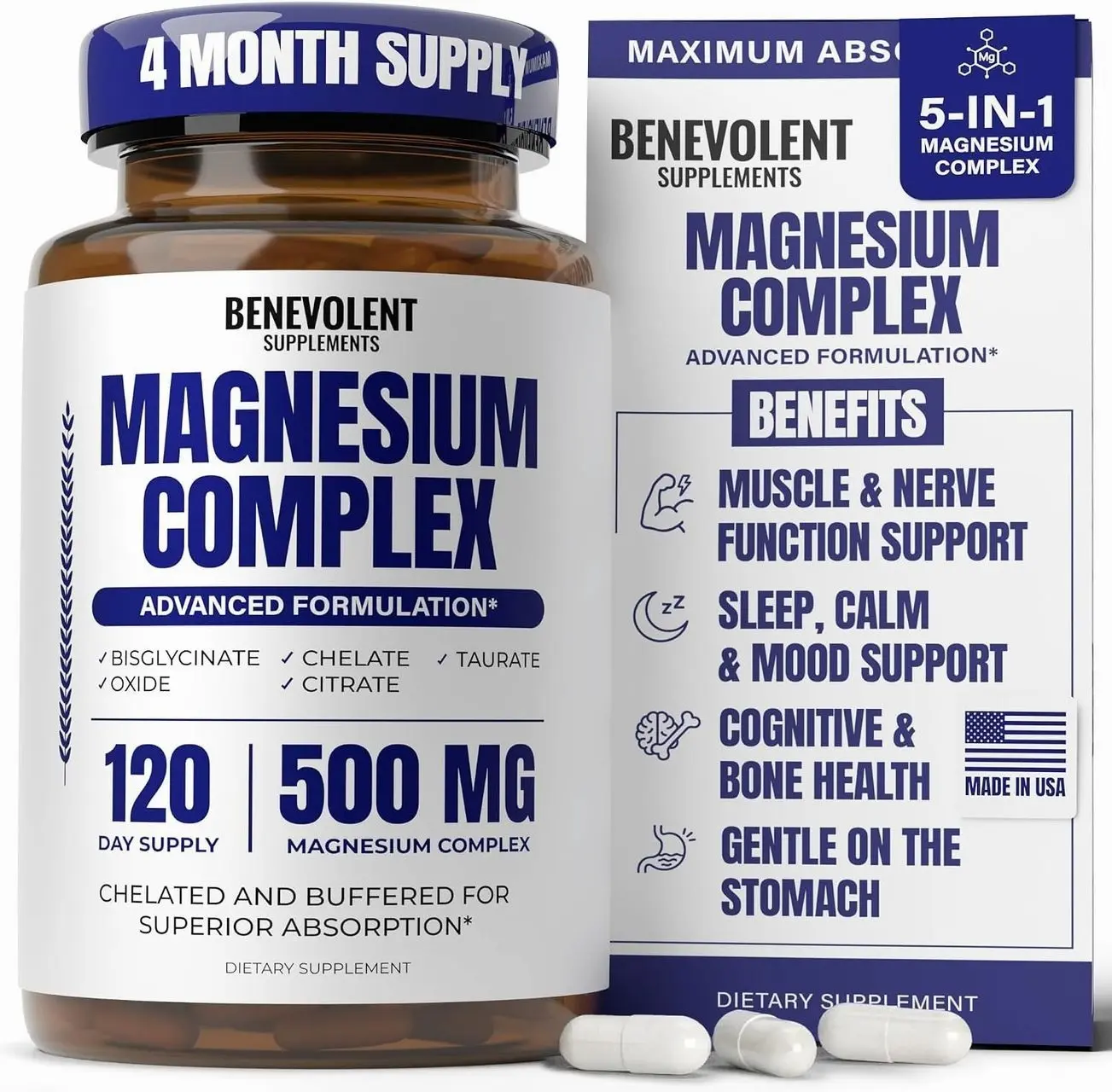 Magnesium Complex Supplement, 4 Month Supply of 500mg 5-in-1 Bisglycinate, Oxide, Taurate, Aspartate, Citrate, Max Absorption Magnesium Supplement for Calm, Sleep & Leg Cramps, 120 Capsule