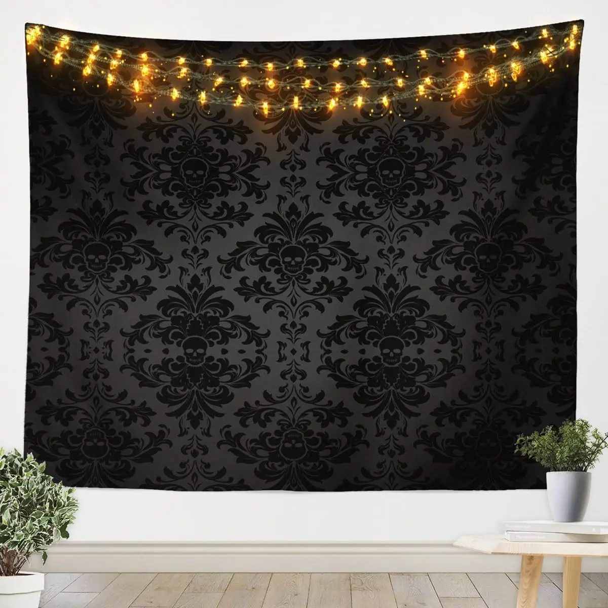 Feelyou XL Black Damask Print Synthetic Tapestry - 70.9x92.5in Traditional Victorian Baroque Gothic Bone Skeleton Wall Decoration, Vivid Colors, Soft Lightweight Machine-Washable Indoor Room Home Supply