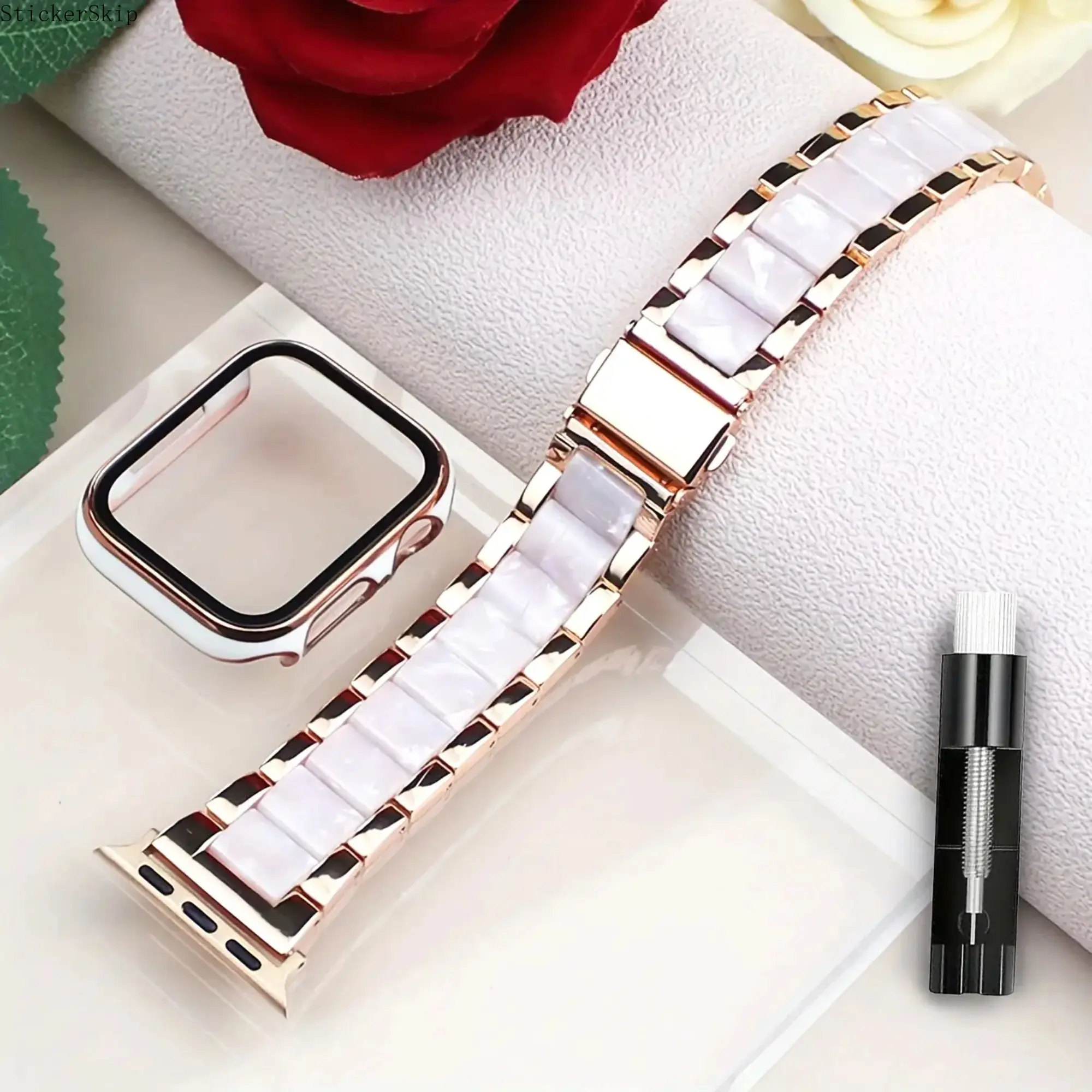 2026 2-in-1 Color-Matching Case & Metal Resin Watch Band for Women, Stainless Steel Resin Replacement Chain Wristband, Compatible with Apple Watch Series 4-10 SE, 40/41/42/44/45/46mm, Fashion Elegant Accessory for Daily Casual Wear and Holiday Gifting