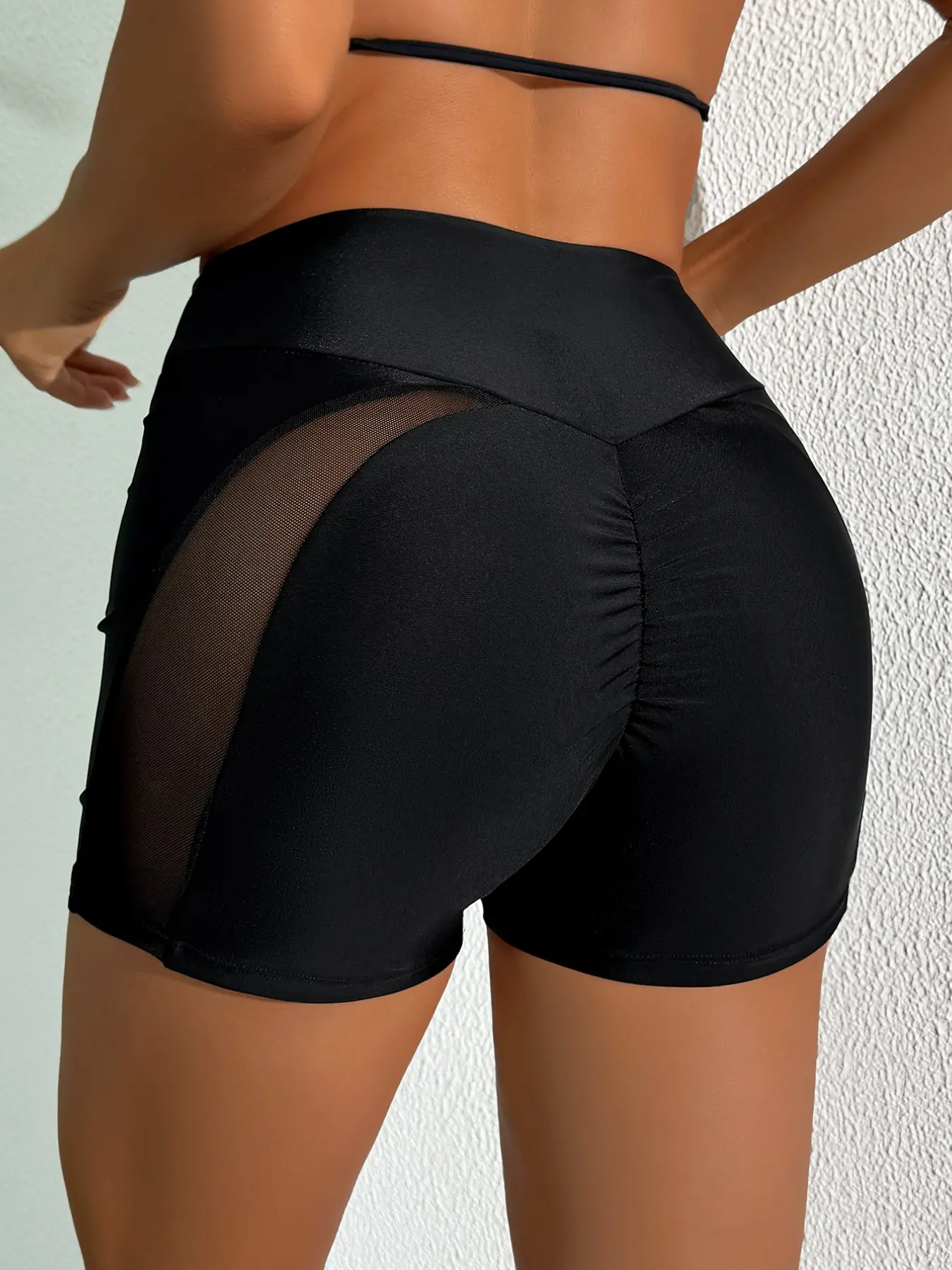 Fashion Swim Trunks with Yoga Waistband, Front and Back V-Shape Design, Wavy Ruffles, Side Arc Hollow Out Mesh, Stylish Beachwear, Swimwear Shorts