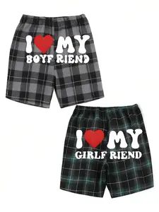 Couple Plaid Heart Print Shorts, Loose Fit, Casual Sleepwear, Pajamas, Loungewear, Breathable Fabric, Adjustable Waist, Drawstring Design, Perfect for Couples