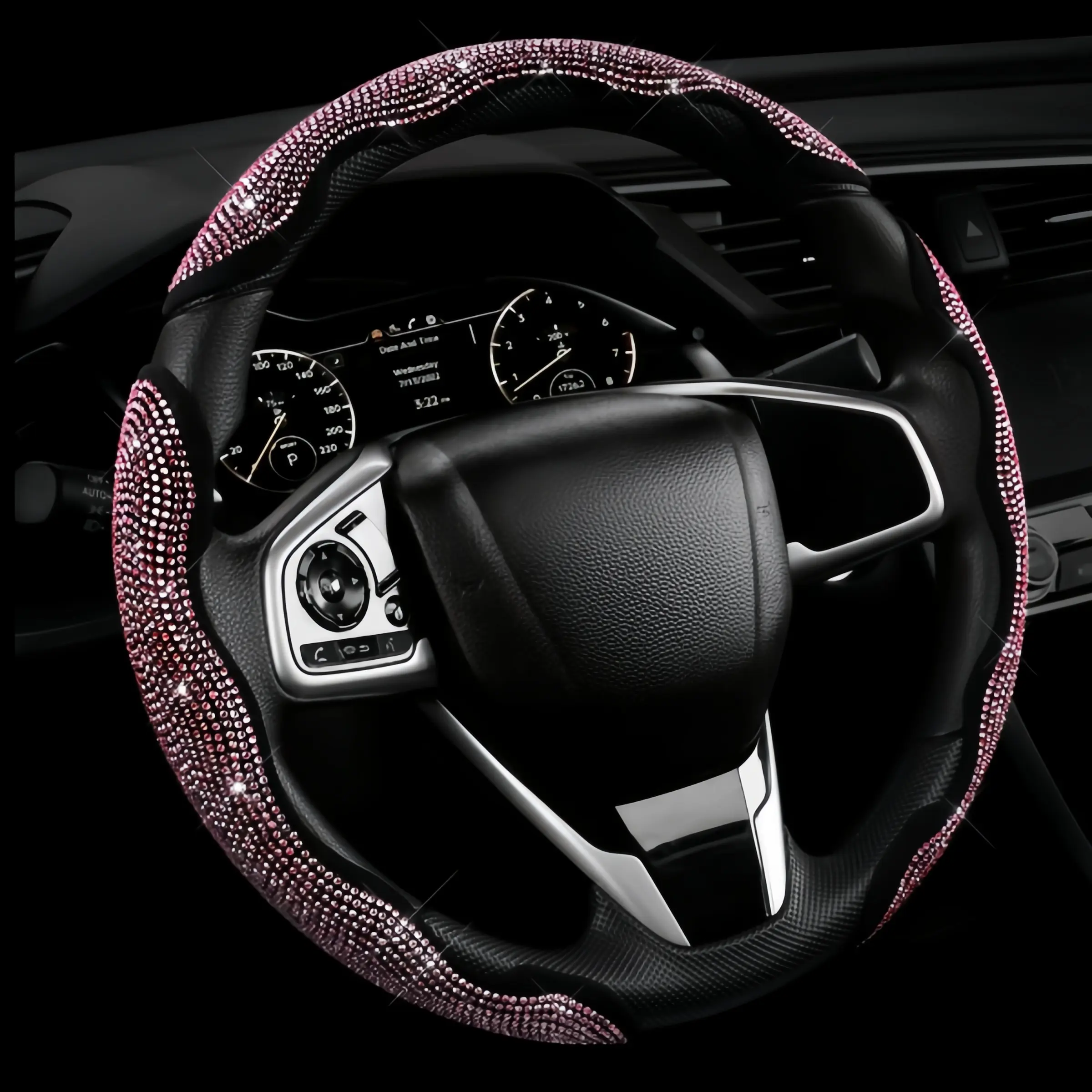 2026 New Pink Girly Soft Touch Rhinestone SteeringWheelCover, Luxury Glam Style, Easy Installation, Crystal Anti-Slip Lining, Slim Snug Fit, Premium Ladies Car Interior Accessory season non-slip modern ultra universal Stitched cover wheel