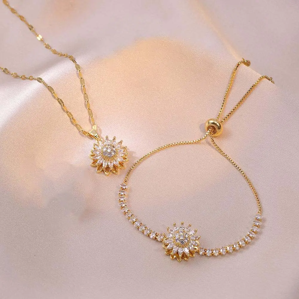Sunflower Necklace for Women, Elegant Double-Layer Rotating Pendant, Sparkling Costume Jewelry for Formal and Casual Wear