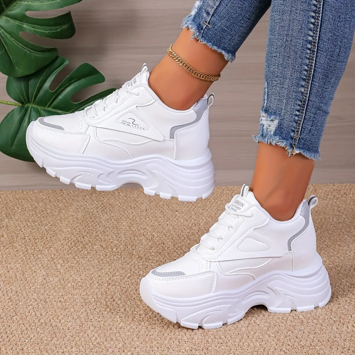 Chunky heighiring WOMEN'S fashion low top trendy wedge sports shoes casual lace up trainer