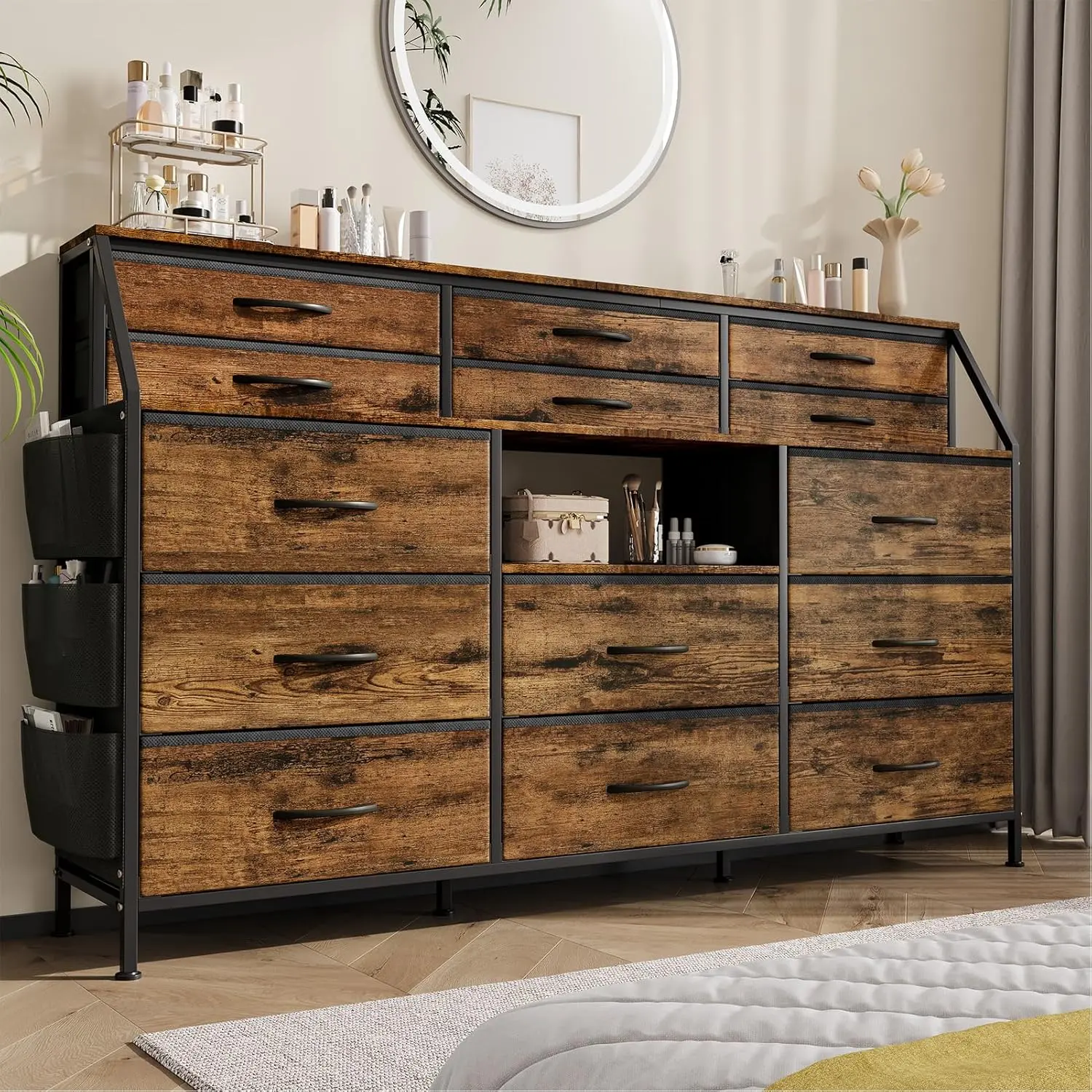 Brown Fabric Drawer Dresser - 14 Foldable Fabric Drawers, Wood Top, Metal Frame, Open Shelves, Anti-Tip Safety, Spacious Chest of Dresser, Clothes Storage Cabinet, Sideboard Cabinet, 55-Inch TV Stand for Bedroom, Living Room