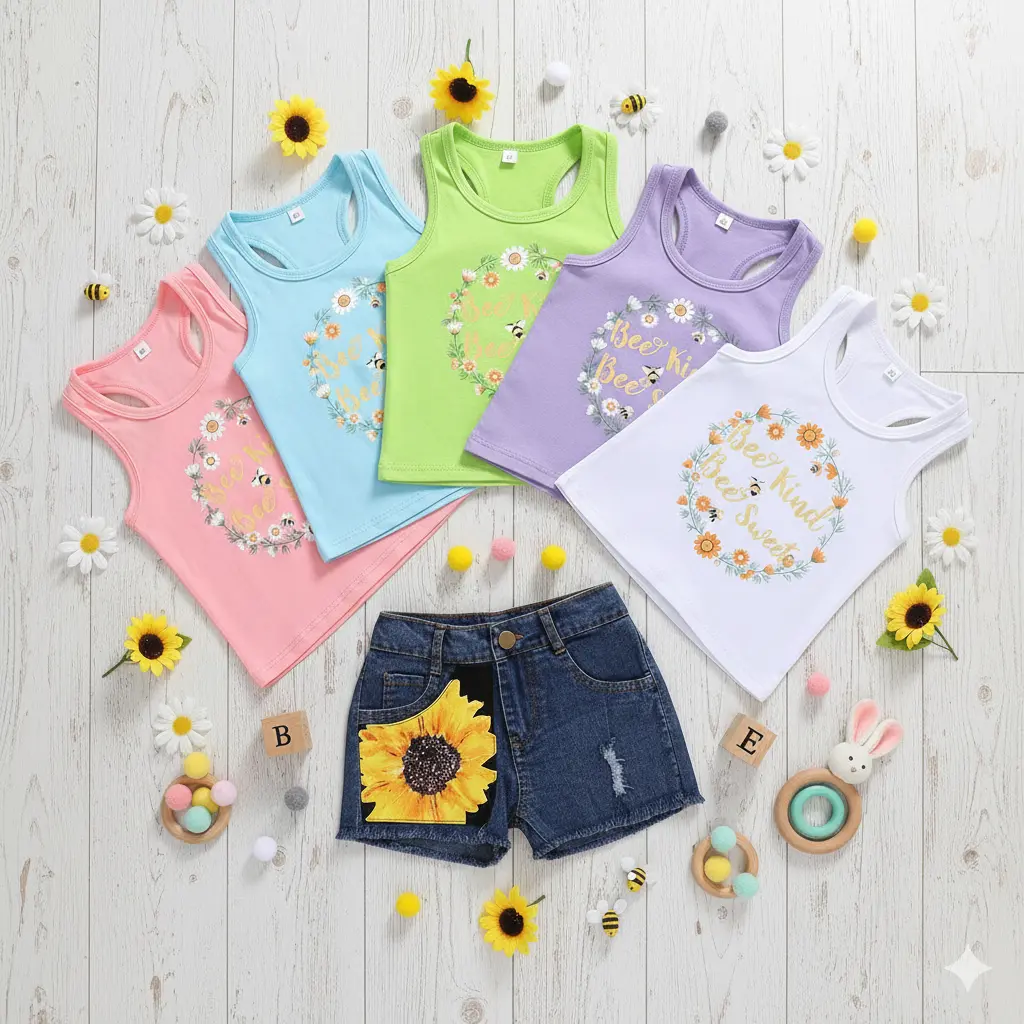 Adorable Kids Summer Outfit! Letter Tank & Sunflower Denim Shorts - Perfect for Playtime! #KidsFashion #SummerStyle #ToddlerClothes #CuteKidsOutfit #GirlsFashion