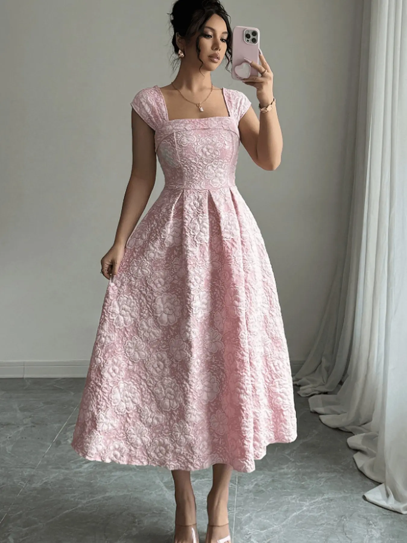 Elegant Embroidered Square Neck Waist Cinched A-Line Midi Dress, Women's Fashionable Long Skirt, Formal Wear Elegant Formal Style Perfect for Parties and Special Occasions, Embroidery, Elegance