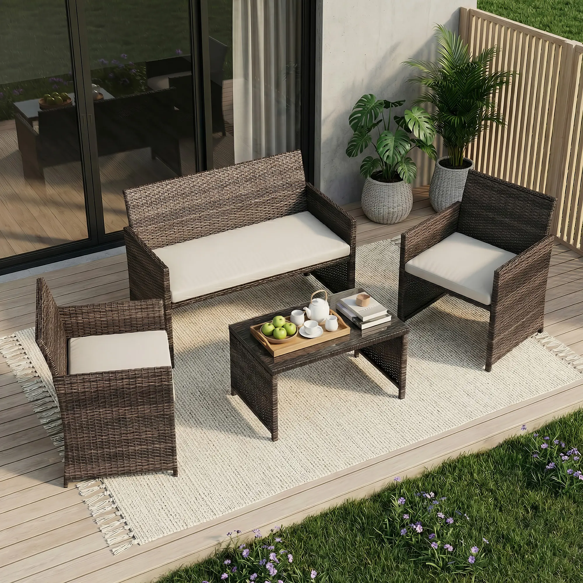 Urban 4-Piece Patio Bar Set, All-Weather PE Rattan Outdoor Furniture, Wicker Table with Tempered Glass, Cushioned Chairs for Backyard, Porch, Garden