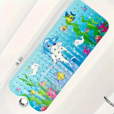 Baby Bath Mat for Tub Non Slip, 40''x16'' Bathtub Mat Non Slip Kids Bath Mat, Safety Kids Bath Tub Mat with Suction Cups and Drain Holes, Machine Washable, Ocean Theme, Bathroom Accessory, Restroom Accessories