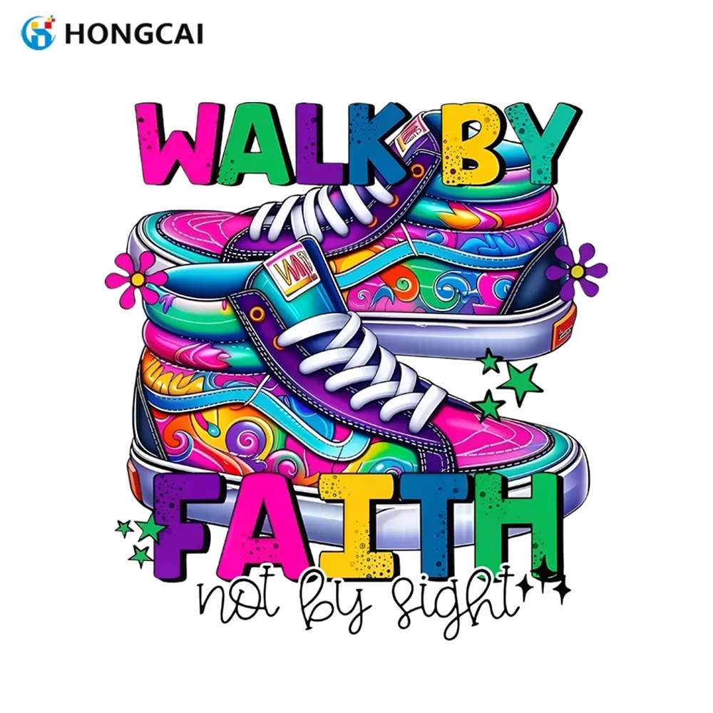 Trendy Graffiti Style Sport Shoes Sticker, High-Top Shoe Body with Psychedelic Patterns, Walk by Faith Quote, Vibrant Colors, Funny Stickers, Art Stickers, Graphic Decal