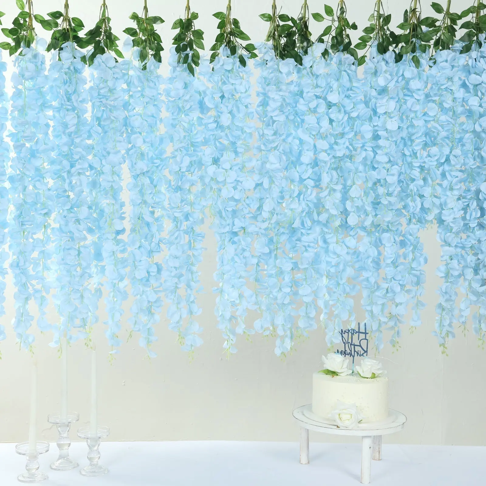 Light Blue Artificial Silk Decorative Hanging Wisteria Flower Garland Vines - 1 Bush with 5 Full Strands, 42" Home Decor for Fences, Fake Flower Arrangements