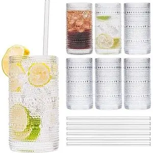 Drinking Glasses Vintage Glassware Set (6 Clear with Straws)