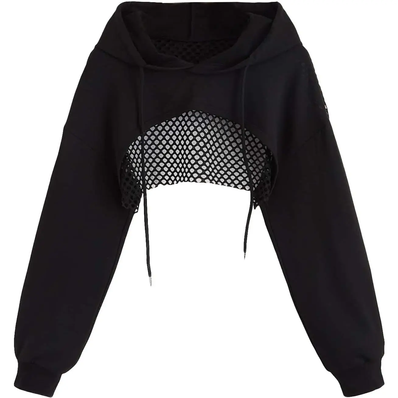 Women's Sports Cropped Sweatshirt Hollow Out Crop Tops Drop Shoulder Drawstring Pullover Cropped Hoodie
