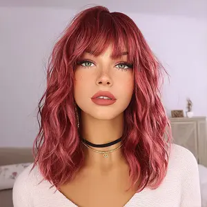 SMILCO/14Inch Highlight Pink with Rose Red Short Curly with Bangs Synthetic Wig/SM493