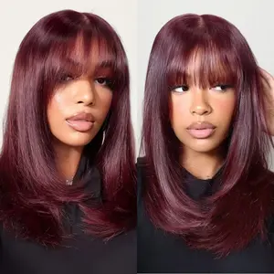 UNice Black Cherry Layered Straight Bob Wig with Face Framing Bangs Glueless 7x5 Lace Human Wig with Drawstring Byebye Knots Natural Hairline