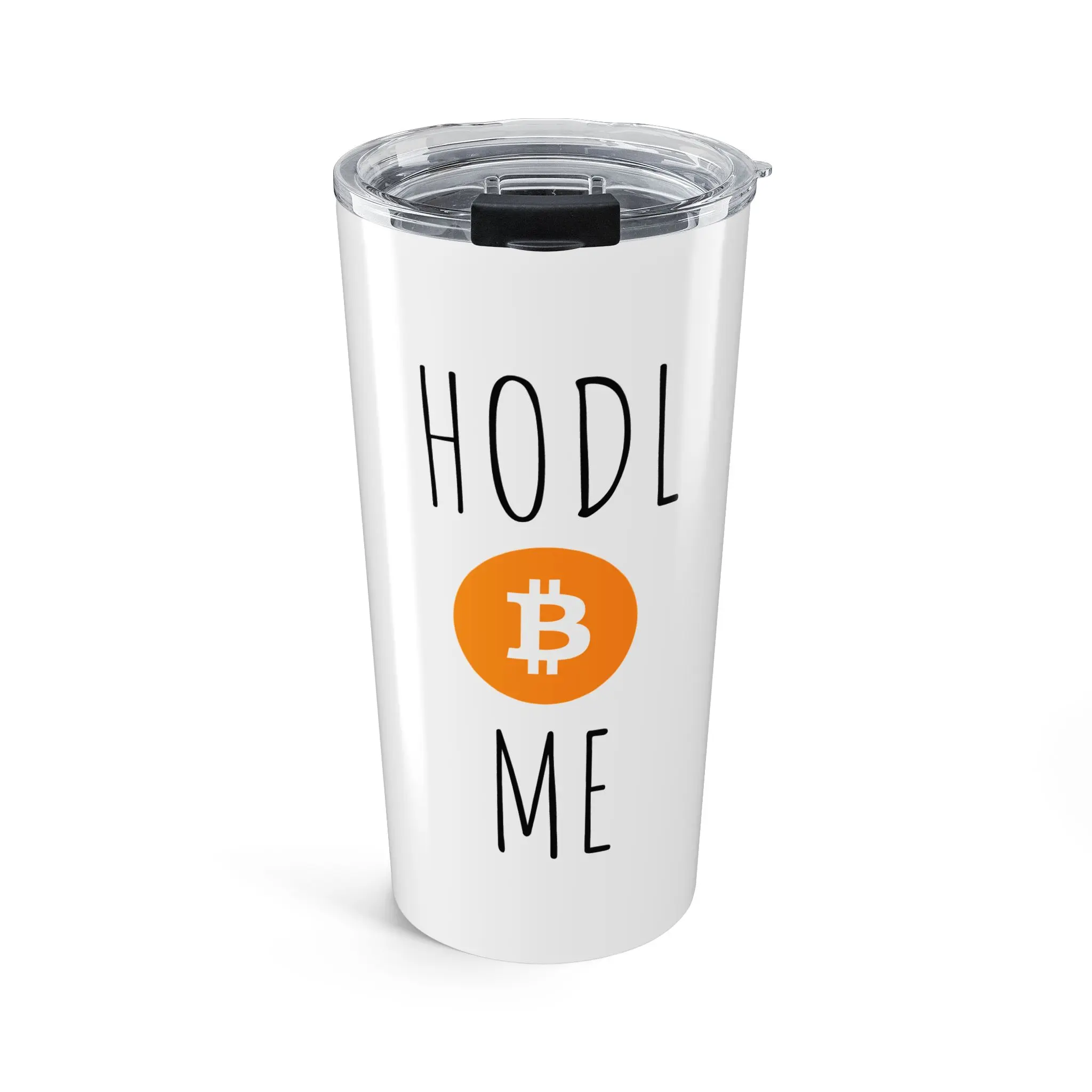 Bitcoin HODL ME Tumbler 20oz Stainless Steel Insulated Drinkware Flask with Glossy Finish & Clear Lid for Hot Cold Beverages