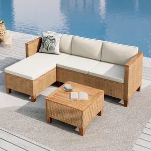 【1-3 Packages Shipping】Phivilla 3/6 Seats Outdoor Patio Rattan Furniture Sofa Set with Acacia Wood Coffee Table, Thick Cushions Sofa Set for Balcony, Porch & Patio, SummerVibes