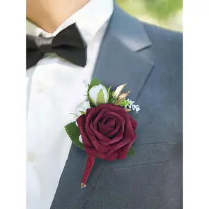 Rinlong Boutonniere Burgundy & White Wedding Decor Flower