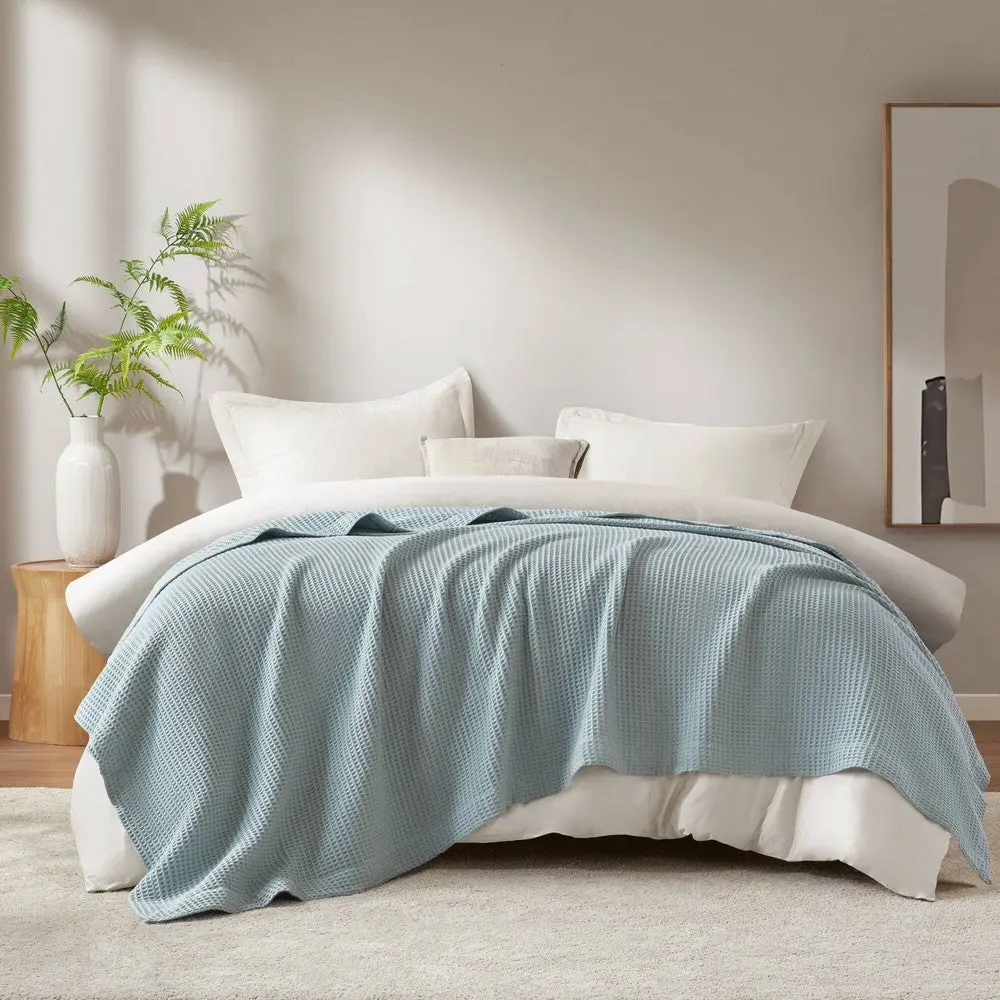 Queen Size Blanket, Plush Cotton, Waffle Weave Design, Aqua Blue