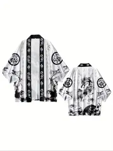 Men's Hanfu Open Front Cardigan, Loose Fit Lightweight Breathable Kimono Style Shirt, Japanese Dragon Print Streetwear Casual Wear