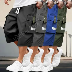 Men’s Summer Cargo Shorts 4 Pack 7/8 Length Lightweight Breathable Fabric Drawstring Waist Large Pockets Letter Patch Detail Stylish Casual Athletic Short
