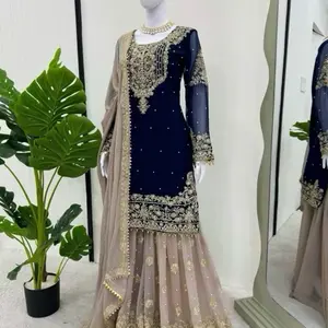 Navy blue gold Indian sharara gharara dress party formal wedding Pakistani dress medium size