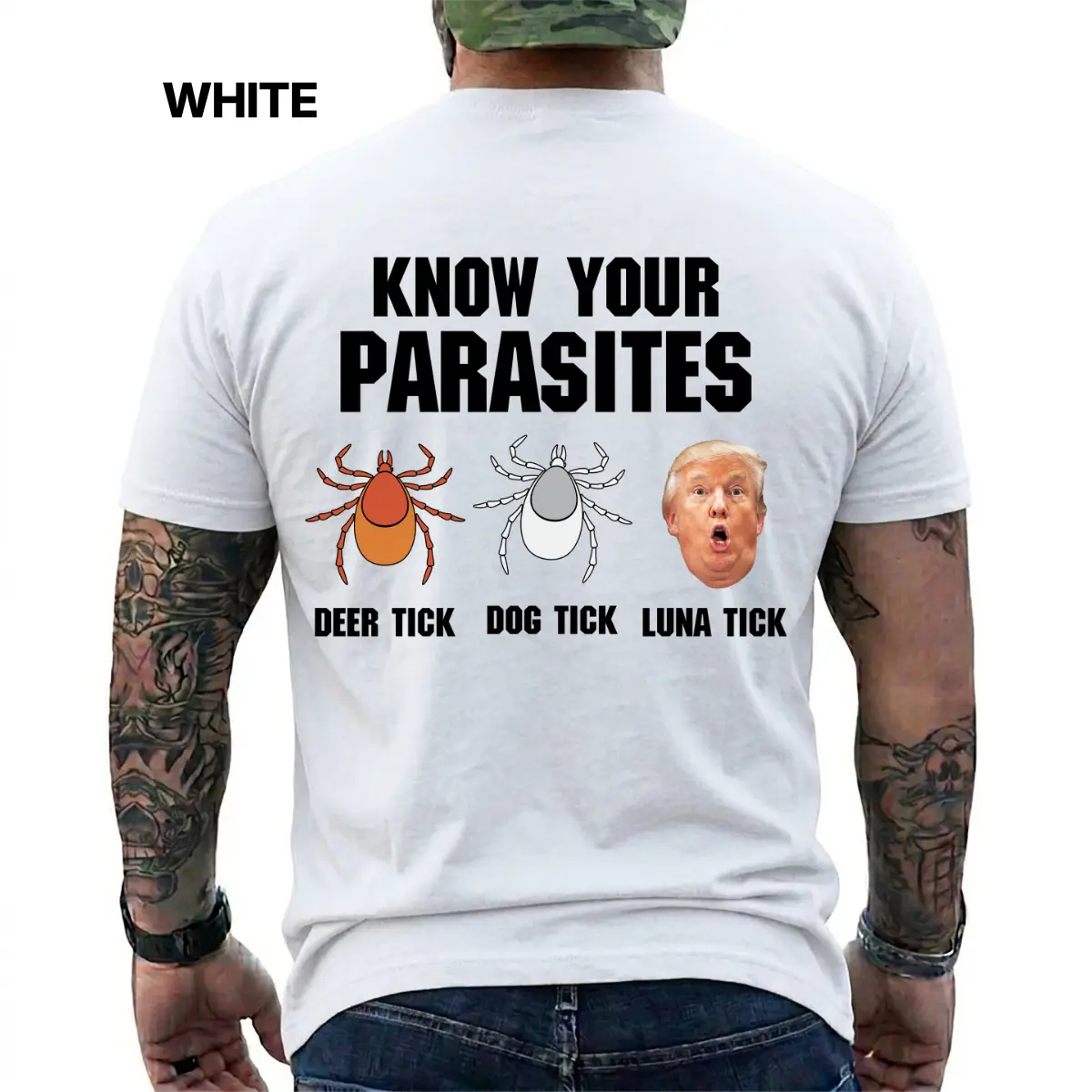 Funny Know Your Parasites Luna Tick Sarcastic Anti-Trump Lightweight Cotton T-Shirt, Political Satire Graphic Tee for Liberal Democrat Voters & Election Supporter Apparel, Short Sleeve Printed Graphic Shirt, Daily Casual Cotton Menswear