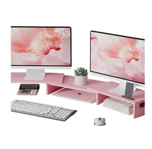 Wooden Dual Monitor Stand Riser with Smartphone Holder, Adjustable Length & Swivel Angle