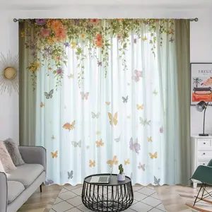 2Pcs Butterfly Floral Print Curtains, Fresh Garden Style, Rod Pocket Design, Semi Sheer Polyester, Romantic Butterfly Pattern, Light Filtering Window Treatment, Suitable for Living Room Bedroom Kitchen Balcony Study Room Decor, Easy Care