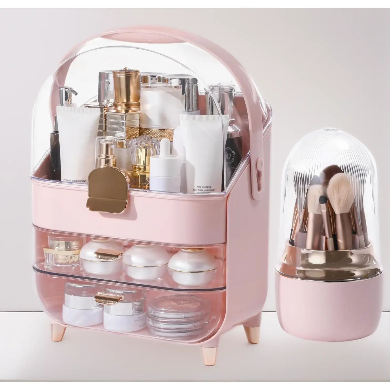 Trendy Pink Makeup Organizer for Vanity Dresser Skincare Bathroom Countertop Storage Box Cosmetic Display Case Teen Girl Gift